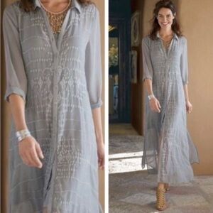 Soft Surroundings Ibiza Georgette Embroidered Maxi Dress Mountain Mist Size TL